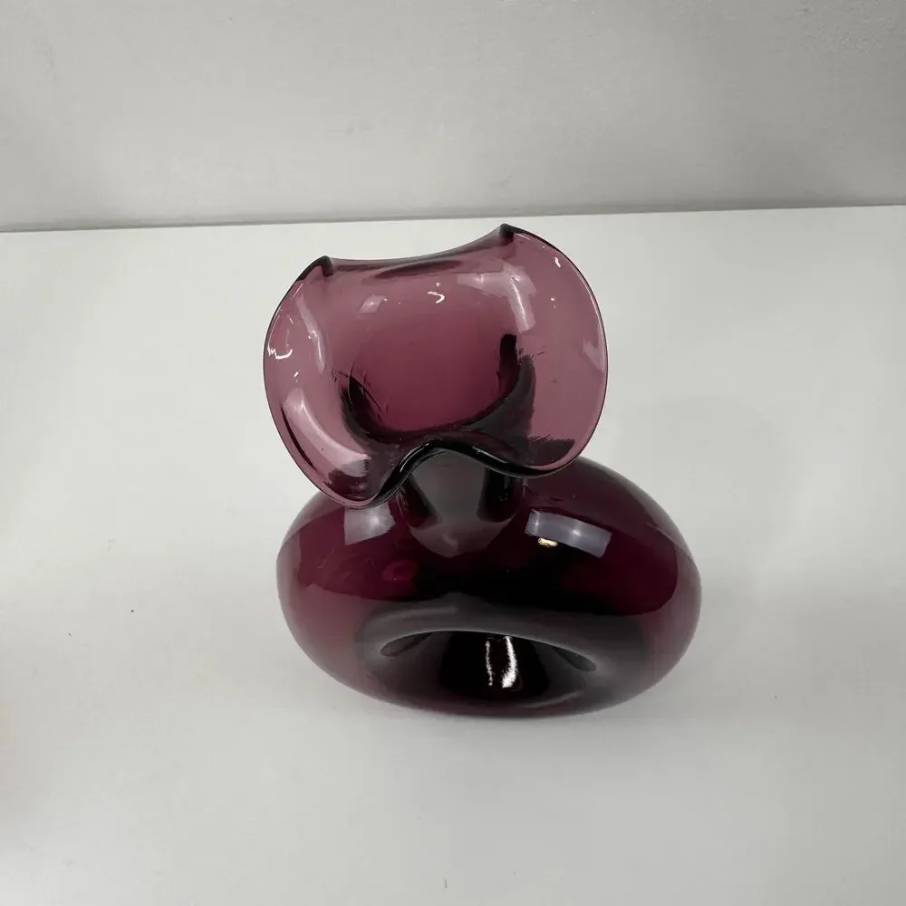 Set 2 Vintage BLENKO Pinched Donut Purple Amethyst Tulip Vase Glass Teardrop MCM